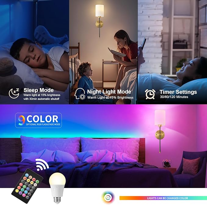 Battery Operated Wall Sconce Set of Two, Wireless Rechargeable Wall Light With Remote Control, Dimmable, 4 Color Temperatures, RGB, Timer, for Living Room,Bedroom,Entryway, Black Gold, 20.6 Inch