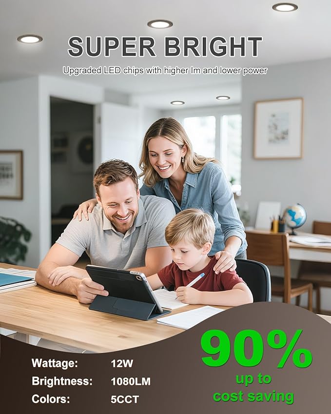 zouzai 6 Inch Black 5CCT Ultra-Thin LED Recessed Ceiling Light with Junction Box 2700K/3000K/3500K/4000K/5000K Selectable, 12W Dimmable, led can Lights ETL and Energy Star Certified【6 Pack 】
