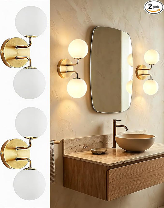 Yunnix Gold Bathroom Vanity Light, 2-Light Modern Globe Vanity Lighting Fixtures with Milk White Glass Shade, Mid Century Vanity Lights Wall Sconce Over Mirror for Hallway Entryway Set of 2