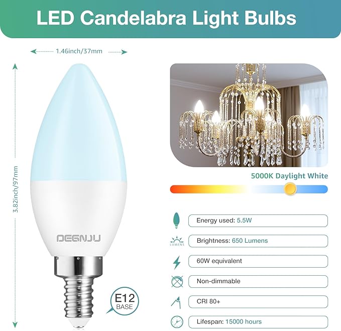 DEGNJU 40 Pack Chandelier Light Bulbs 60 Watt Equivalent, Candelabra LED Light Bulbs, E12 LED Bulb Daylight 5000K, Type b Light Bulb 5.5W, Candelabra Base, 120V, B11 Candle Light Bulb, Non-Dimmable
