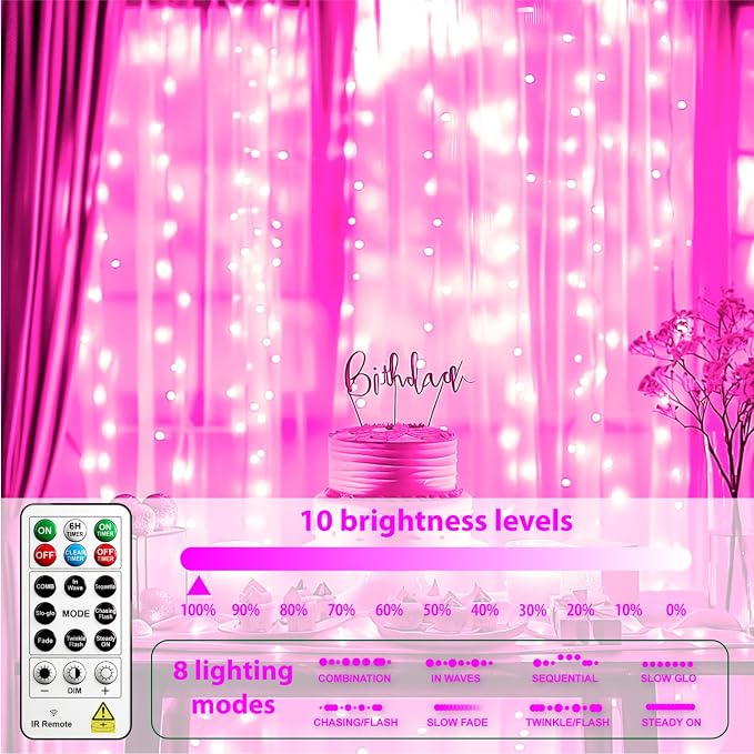 HXWEIYE 300LED Untangled Curtain Lights, 9.8x9.8Ft USB Fairy Twinkle String Lights with Remote and DIY Timer, 8 Modes Window Wall Hanging Light for Bedroom Dorm Backdrop Room Decor, Pink