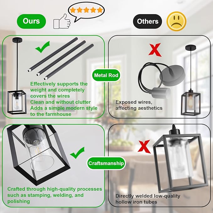 1 Pack Farmhouse Black Kitchen Island Pendant Light Fixture,Height Adjustable Metal Rod Hanging Modern Pendant Lighting with Metal Cage Clear Glass Shade for Entryway Bedroom