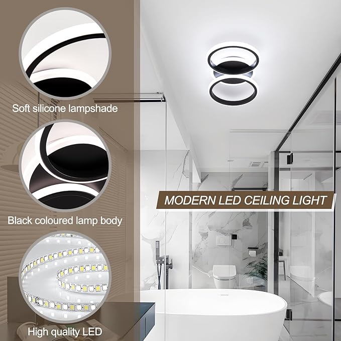 ElDISUNY Modern LED Ceiling Lights, 30W Black Ceiling Lights Fixture for Kitchen, Close to Ceiling Lights for Hallway Bedroom Dining Room, Cool White Light 6000K(Black)