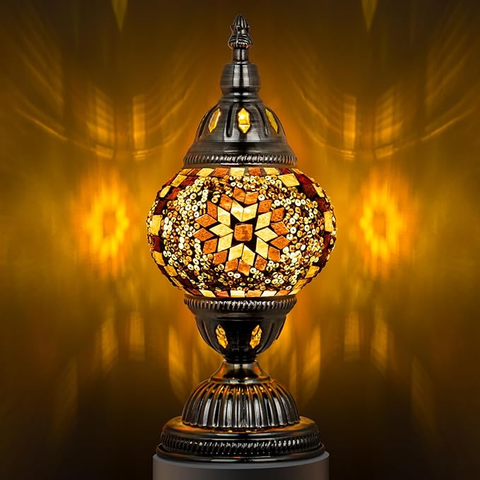 Marrakech Turkish Table Lamp with Bronze Base，Handmade Yellow Moroccan Tiffany Style Mosaic Glass Night Stand Light Fixture Including LED Bulb for Living Room Bedroom Decor (Yellow)