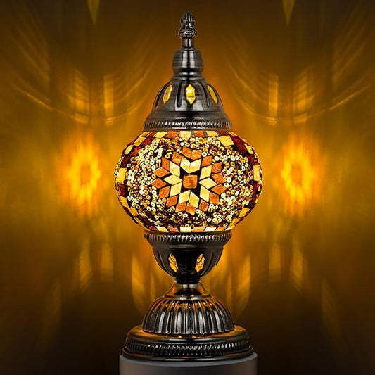Marrakech Turkish Table Lamp with Bronze Base，Handmade Yellow Moroccan Tiffany Style Mosaic Glass Night Stand Light Fixture Including LED Bulb for Living Room Bedroom Decor (Yellow)