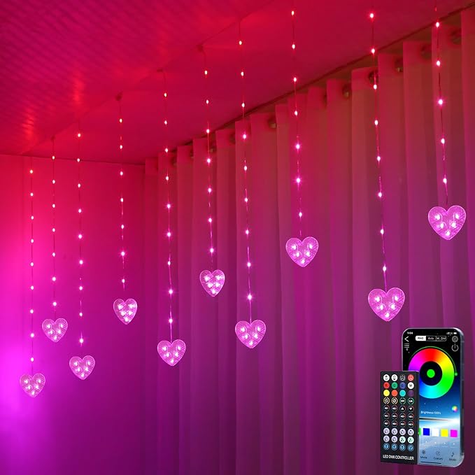 Heart Curtain Lights Valentines Day Decor, 10ft x 3.3ft RGB LED Color Changing String Fairy Lights Curtain, 200+ Scene Modes for Valentines Day Decorations Bedroom Backdrop Indoor Outdoor