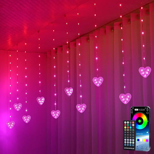 Heart Curtain Lights Valentines Day Decor, 10ft x 3.3ft RGB LED Color Changing String Fairy Lights Curtain, 200+ Scene Modes for Valentines Day Decorations Bedroom Backdrop Indoor Outdoor