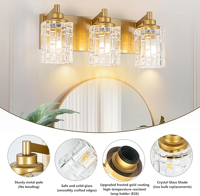 Bathroom Light Fixtures, 3-Light Brushed Gold Vanity Light Over Mirror with Crystal Glass Shades, Bathroom Wall Lights for Mirror Kitchen Bedroom Hallway Living Room