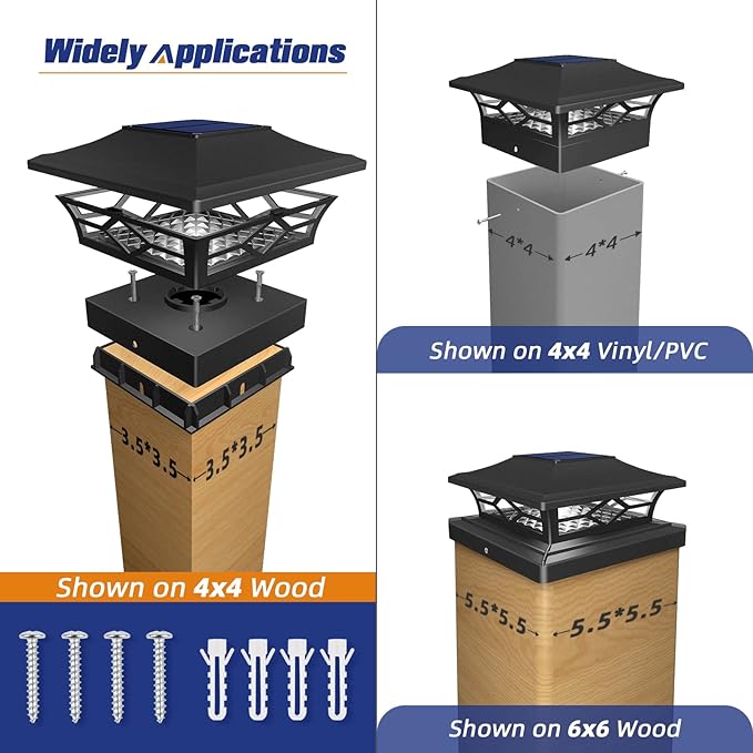 APONUO Solar Post Cap Lights, 4x4 Black Plastic Outdoor Waterproof Lights, Warm White/Cool White LEDs, Fence/Deck Decor, Garden Lighting