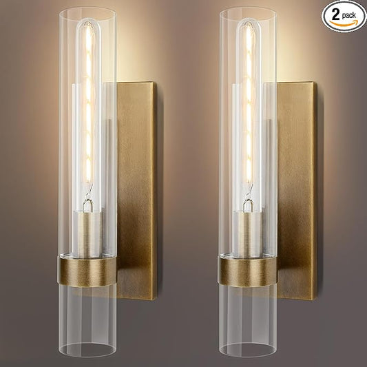 18" Wall Sconces Set of 2, Gold Bathroom Vanity Light Fixtures with Clear Glass Tube, Modern Brass Lamp Lighting for Mirror, Bedroom, Living Room, Hallway, Staircase