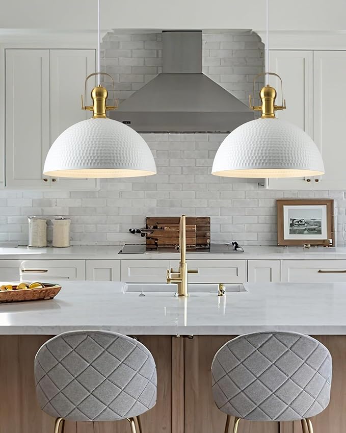 15.7 Inch White Pendant Light 2 Pack, Hammered Industrial Pendant Lights Adjustable Height, Farmhouse Dome Hanging Light for Dining Room Bedroom Foyer Barn