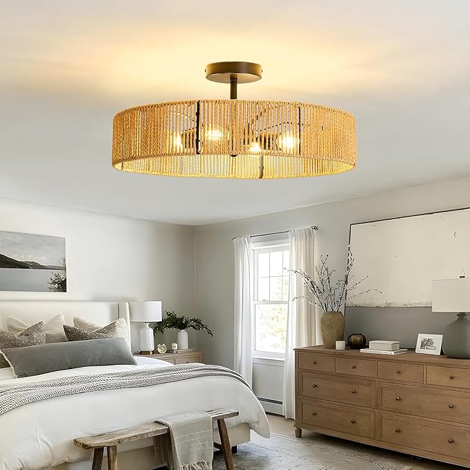 hesoge Boho Rattan Ceiling Light Fixture Rustic Black Semi Flush Mount Ceiling Light 20 Inches 4 Light Woven Chandelier for Farmhouse Hallway Bedroon Living Room Dining Room Kitchen Island