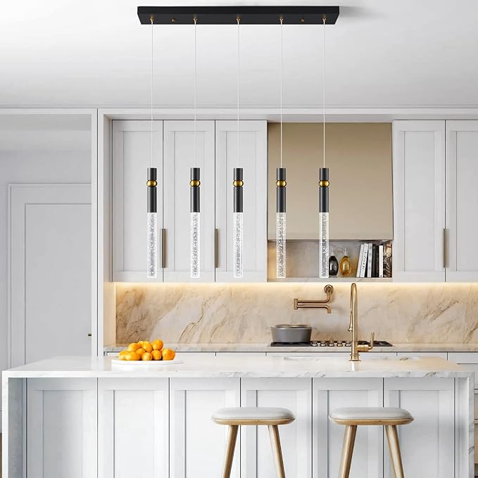 LMQNINE 5 Light Dining Room Light Fixtures Ceiling Dimmable LED Modern Black Kitchen Island Pendant Light with Bubble Crystal Pendant Light for Kitchen Island Bedroom Hallway Entryway (5-Light)…
