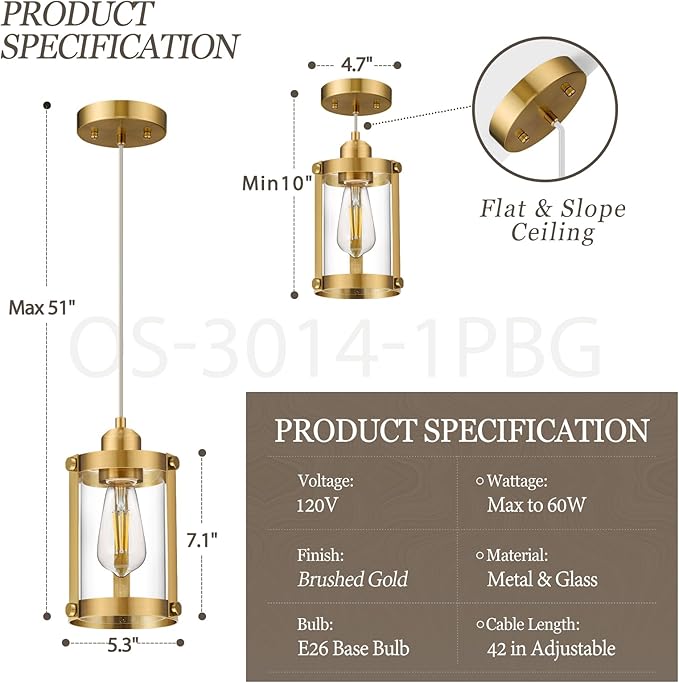 Brushed Gold Pendant Lights Kitchen Island, 1-Light Modern Brass Mini Hanging Light Fixtures with Clear Glass, Farmhouse Kitchen Pendant Lighting Over Island for Sink, OS-3014-1PBG