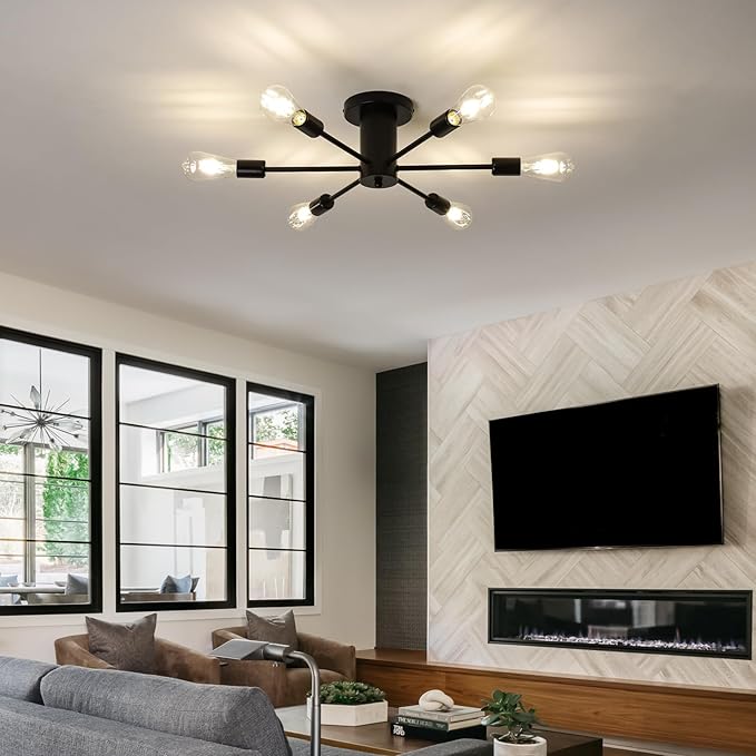 6-Lights Semi Flush Mount Ceiling Light, Matte Black Close to Ceiling Lighting with E26 Base, Modern Sputnik Light Fixtures for Living Room Bedroom Kitchen Dining Room