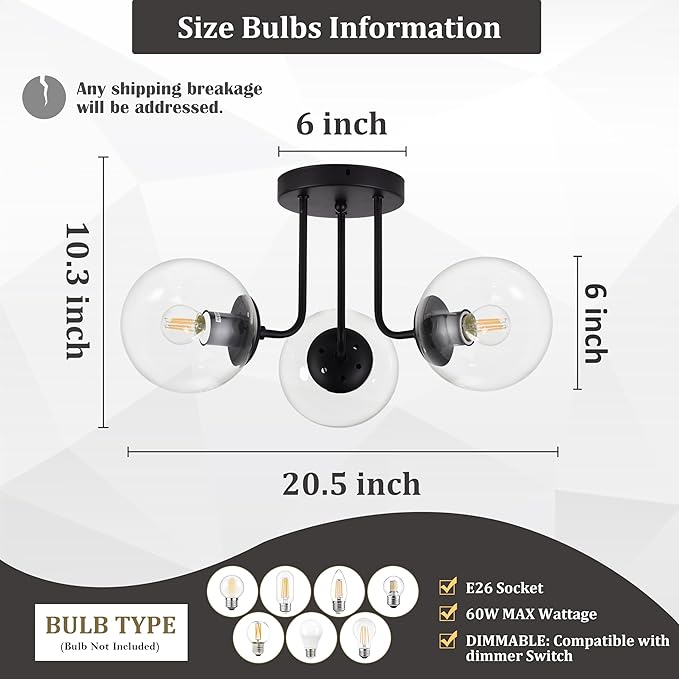 KoKo&Yukina 3-Light Semi Flush Mount Ceiling Light Globe Lights Mid Century Ceiling Light with Clear Glass Globe & Matte Black for Bedroom Hallway Entryway Kitchen Living Room (Bulb Incl.)