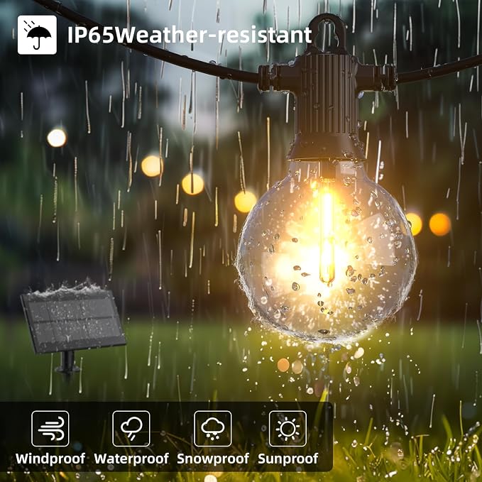 Kawaya 100FT Solar Outdoor String Lights, USB Charging & Solar Powered, IP65 Waterproof Shatterproof Edison Hanging LED Lights for Patio Garden Porch Fence Camping Party