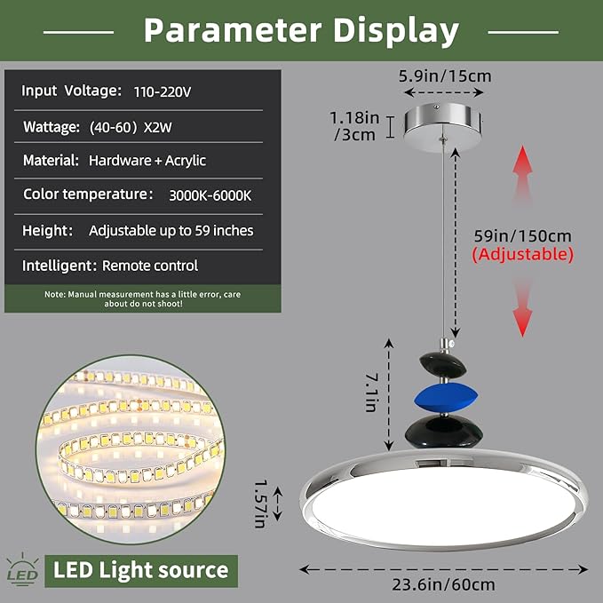 Mikeru Modern Pendant Lights, 23.6" Chrome Pendant Lighting Fixture with Remote Control Dimmable 3 Color Mode & Brightness Mid Century Island Light Fixture for Dining Room,Kitchen,Living Room