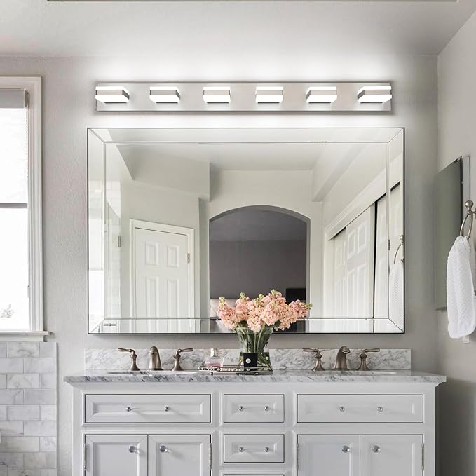 PRESDE 6-Light LED BathroomVanity Light Brushed Nickel Bathroom Light Fixtures Over Mirror Modern Bath Wall Lighting Dimmable 5CCT