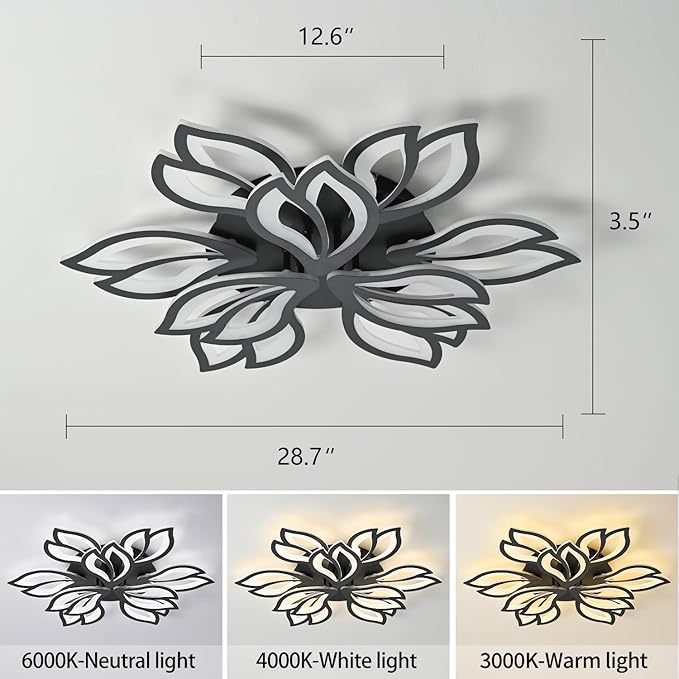 HuixuTe 28" Black Modern Flower Dimmable Ceiling Light Fixture, 9 Leaves Low Profile Flush Mount Ceiling Light for Living Room Dining Room Bedroom