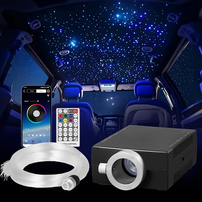 VEVOR Starlight Headliner Kit, 150 pcs 0.03 in 6.5 ft, 16W Fiber Optic Star Ceiling Lights for Car, Bluetooth APP, Remote Control, Sound Activated, RGBW Light Engine, for Home Bed Room Decoration
