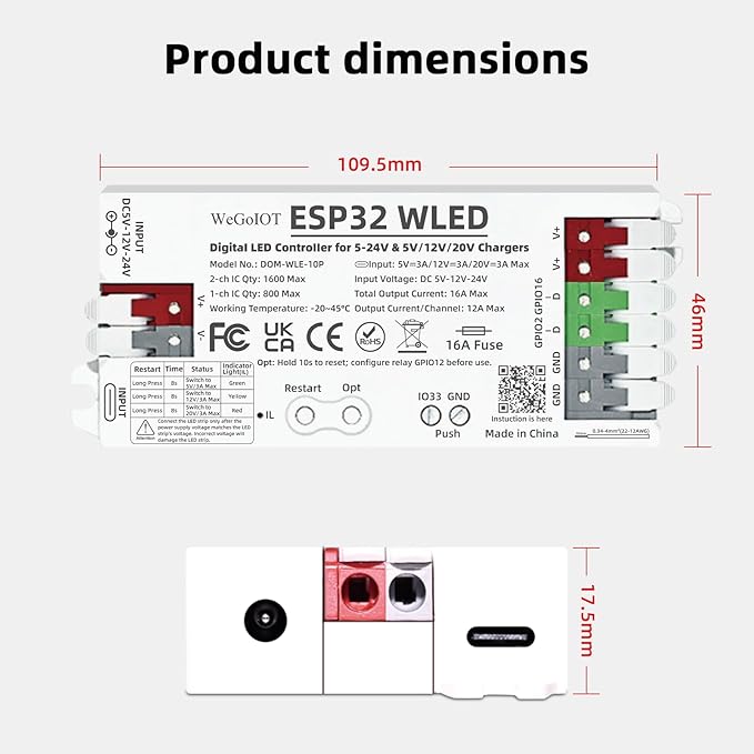 ESP32 WLED Controller with 16A Fuse for 5V-24V LED Strip Dynamic RGB IC DIY Port WiFi App Control Easy Wiring FCOB Addressable Strip Light (DOM-WLE-10P)