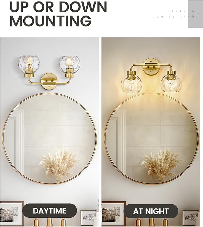 zeyu Globe Bathroom Vanity Light, 2-Light Vanity Light, Bathroom Lights Over Mirror with Water Ripple Globe Glass, Brushed Gold Finish, ZS62BG-2W BG-WG