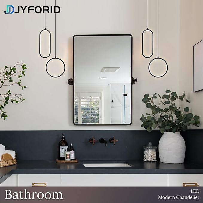 Black Modern Mini LED Pendant Light with Remote Control, 2 Ring 24W 3-Color Temp Stepless Dimmable Ceiling Hanging Light for Bedroom Kitchen Island Dining Room Foyer Entryway
