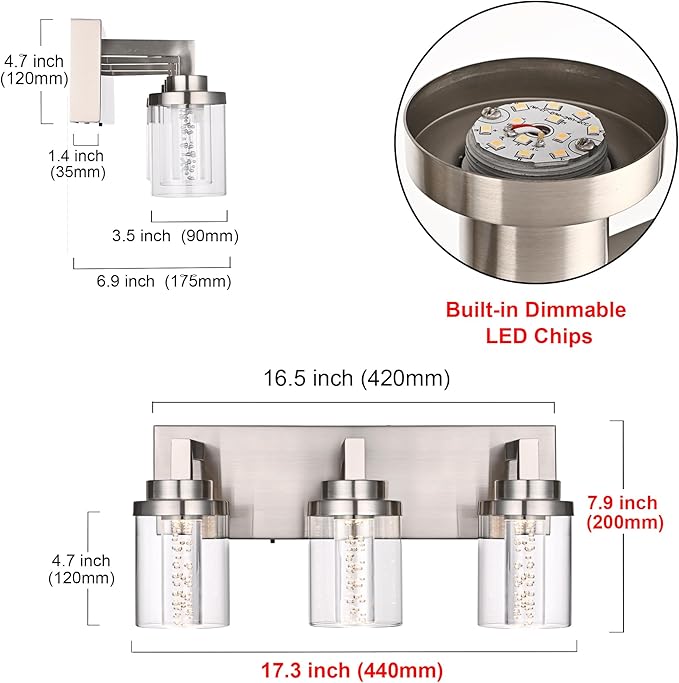 MELUCEE Modern LED Bathroom Vanity Light Bar Brushed Nickel Bubble Crystal Vanity Lights Over Mirror 3 Light Bath Wall Light Fixture with Clear Glass Shade, Built-in LED Chips, 5CCT Adjustable