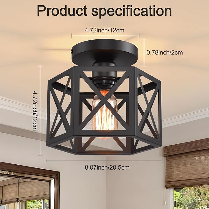 Black Flush Mount Ceiling Light,Hallway Light Ceiling Mount,Industrial Vintage Metal Cage Close to Ceiling Lights for Kitchen,Farmhouse,Bedroom