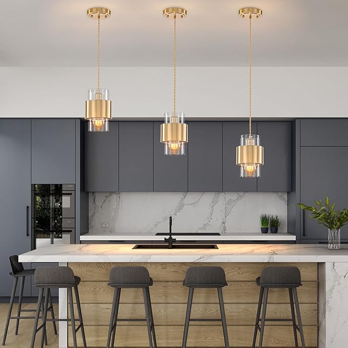 Modern Pendant Lighting, Gold Pendant Light Fixtures Ceiling Light for Kitchen Island Hallway Porch Corridor Bedroom with Clear Glass Shade, 1 Light