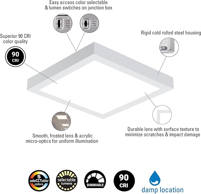 Metalux MMS Multi-Mount 1x1 LED Panel Ceiling Light with 5 CCT and 3 Lumen Select, 0-10V Dimming, Surface Mount, Recessed, Suspended, Wall Mount, 90 CRI - 11MMS-L3C5-UNV