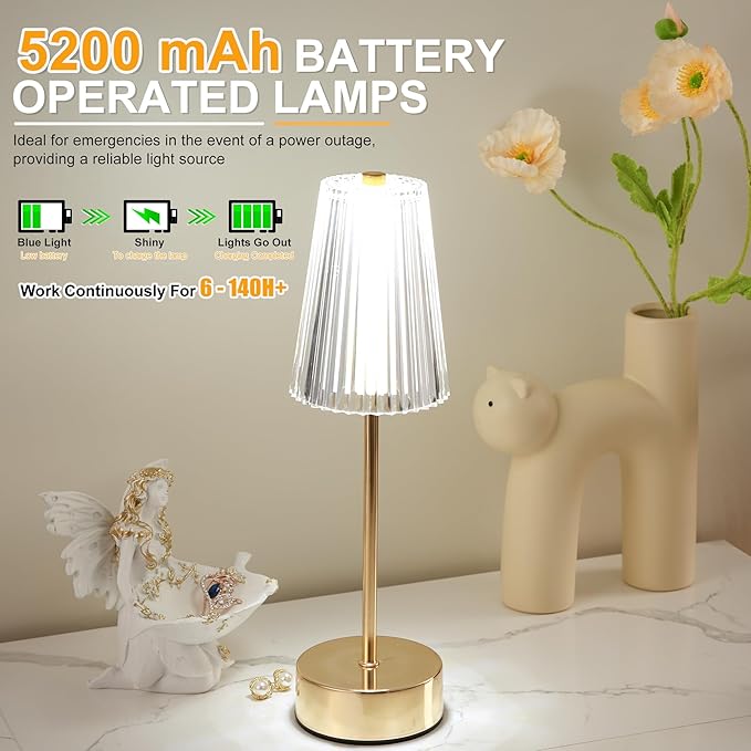 Idong Cordless Rechargeable Table Lamp, Portable Touch LED Desk Lamps, 5200mAh Battery Operated 3 Color Stepless Dimming, Small Wireless Metal Crystal Lamp for Bedside Bedroom Outdoor Restaurant Patio