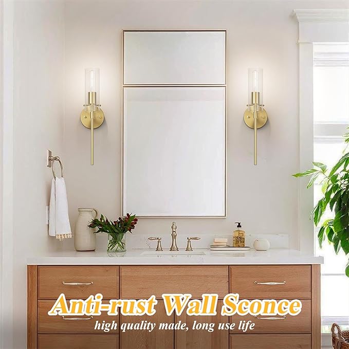 Wall Sconce Set of 2 Brass Wall Light, Farmhouse Vanity Light Fixture Modern Indoor Wall Light with Clear Glass Shade for Bathroom Bedroom Living Room Hallway Vanity