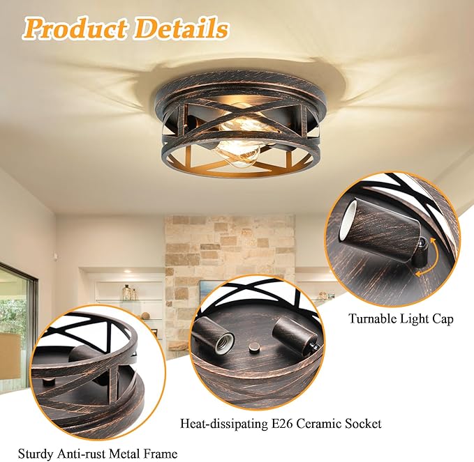 2-Light Flush Mount Ceiling Light Fixture, Farmhouse Ceiling Lights for Kitchen, Modern Black Close to Ceiling Light for Hallway Bedroom Balcony Porch Stairway, E26 (Oil Rubbed Bronze, 1 Pack)