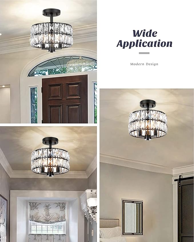 CALDION 11" Crystal Ceiling Light Fixture, 3-Light Semi Flush Mount Ceiling Lights, Modern Chandelier with Black Metal Finish for Bathroom, Dinning Room, Hallway, Bedroom, 6869SM-BK-3