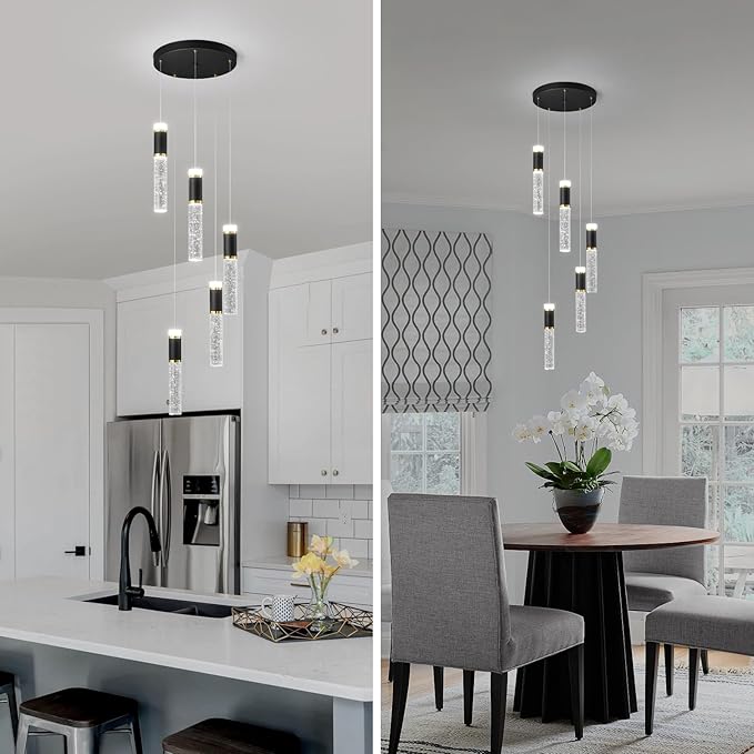 5-Light Pendant Lights, Modern Black Gold Pendant Light Fixtures with Bubble Crystal, Dimmable LED, Kitchen Island & Dining Room