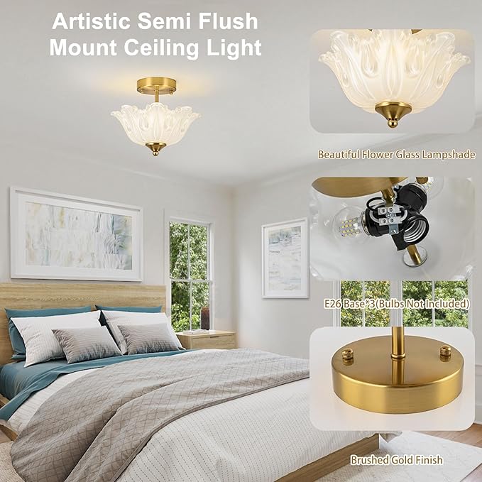 Semi Flush Mount Ceiling Light, Gold Vintage Light fixtures with Floral White Glass Shade, Modern Close-to-Ceiling Lighting for Bedroom Kitchen Living Room Hallway