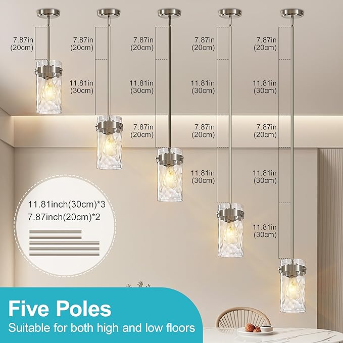 4.72" Hammered Glass Pendant Lighting for Kitchen Island 1 Pack, Modern Brushed Nickel Pendant Light Fixtures, Adjustable Ceiling Pendant Light for Kitchen Island Dining Room Bedroom Hallway
