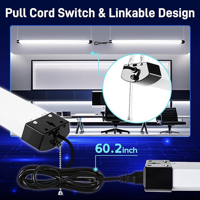 hykolity 4FT 70W LED Shop Light Linkable, 8000lm(300w Equivalent), 5000K Utility Shop Lights for Garages, Workshops, Basements, Hanging or FlushMount, with Power Cord and Pull Chain, ETL, Black,2 Pack