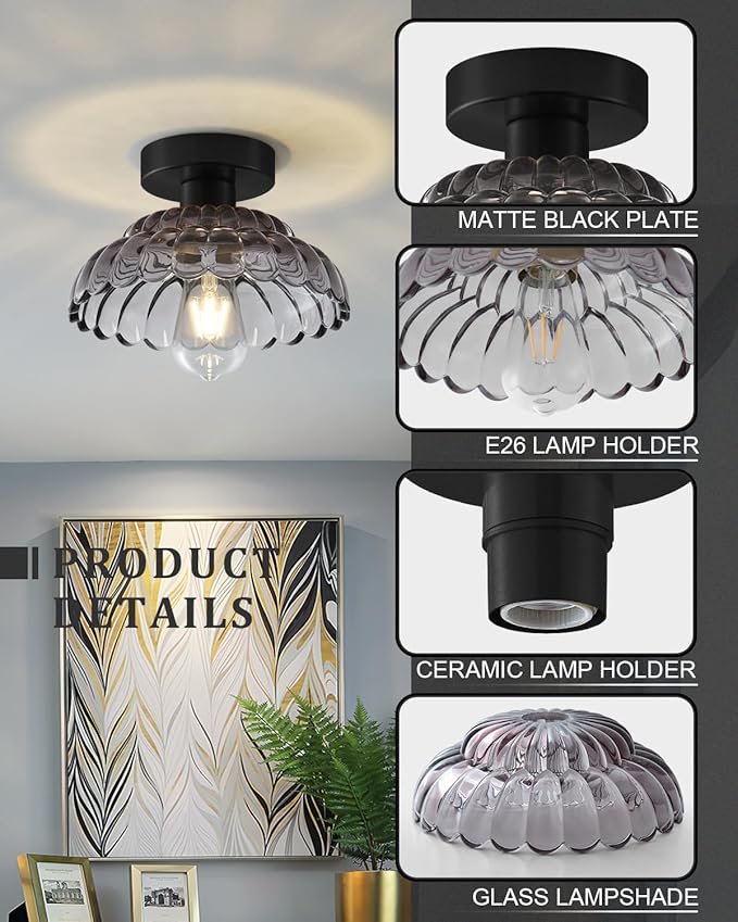 ANYLOVE 10 Inch Smoke Gray Vintage Glass Semi Flush Mount Ceiling Light, E26 Socket for Bedroom Kitchen Hallway Foyer