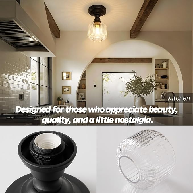 Modern Schoolhouse Semi Flush Mount Ceiling Light with Clear Ribbed Glass Lampshade, Industrial Close to Ceiling Light Fixture for Farmhouse Bedroom Entryway Stairs