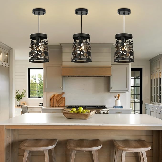 Rustic Pendant Lights with Bear and Deer Design, 1-Light Black Round E26 Base Cage Metal Fixture Adjustable Hanging Height for Kitchen Island, Hallway, Dining Room, Foyer, Bedroom