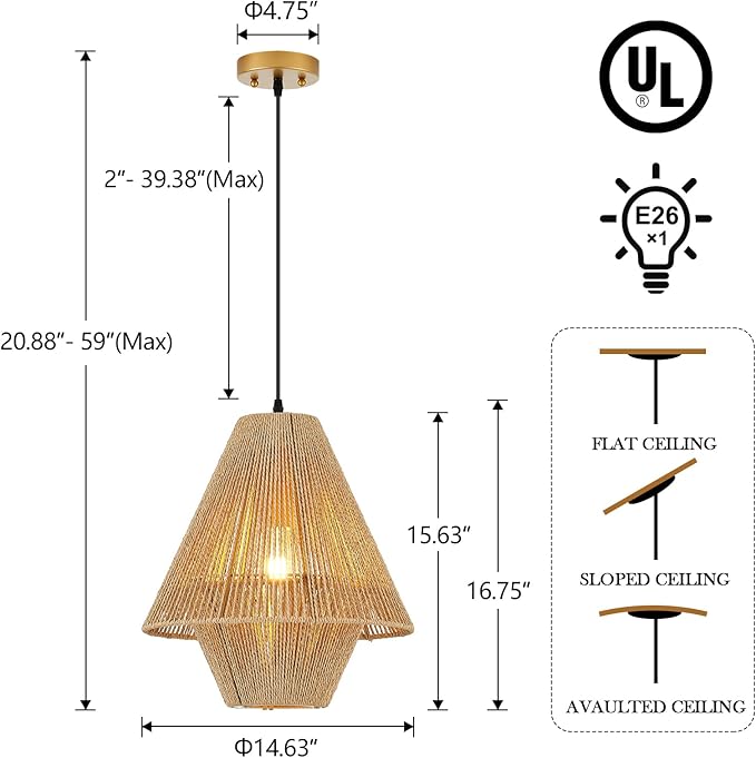 15” Boho Hand Woven Rattan Pendant Light Classic Coastal Chandelier for Kitchen Island Dining Room Hallway, UL Listed