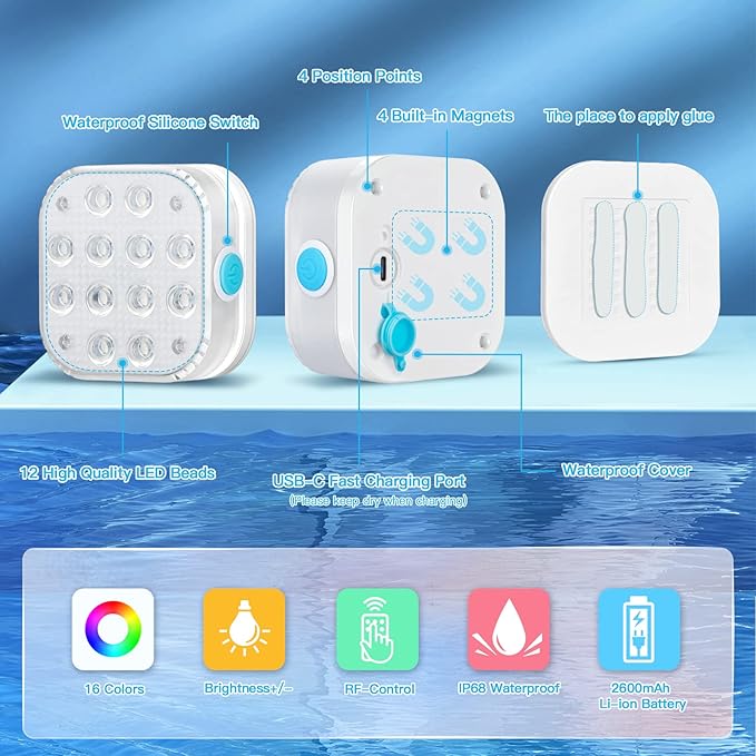 VIDOME Rechargeable Pool Lights, Pool Lights with Remote, IP68 Full Waterproof Submersible Led Lights Built-in Magnet 16 Color Changing Floating Lights for Bathtubs, Ponds, Party Decor (4 Set)