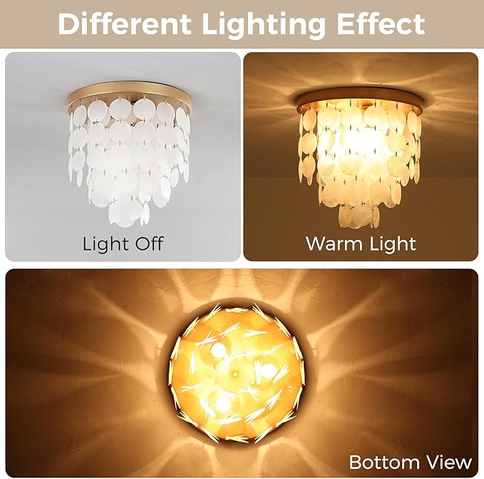 Capiz Shell Flush Mount Ceiling Light Fixture, 11.8" Gold Modern Chandelier for Bedroom, Living Room, Bathroom, Kitchen, Dining Room, Hallway, Entryway, Nursery, Closet Dimmable Coastal Lighting