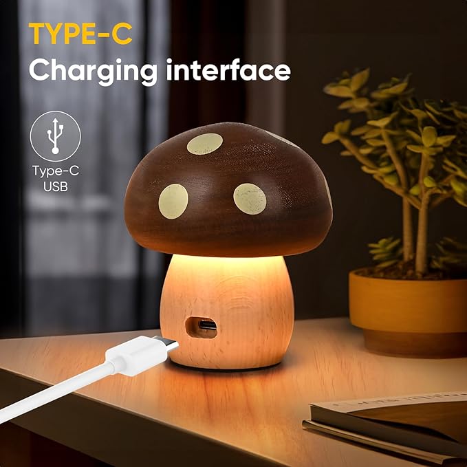 LONRISWAY 2Pack Wood Small Mushroom Table Lamp, LED Rechargeable Cordless Touch Bedside Lamps, Wireless Stepless Dimming Night Light, Portable Battery Lamp for Bedroom Nightstand for Birthday Gifts