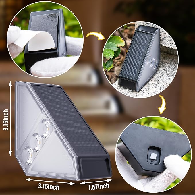 ROSHWEY Solar Step Lights for Outside, 16 Pack Solar Powered Stair Lights Outdoor Waterproof, Triangle Deck Step Light, Outdoor Decor Lighting for Front Porch, Backyard, Patio, Cool White