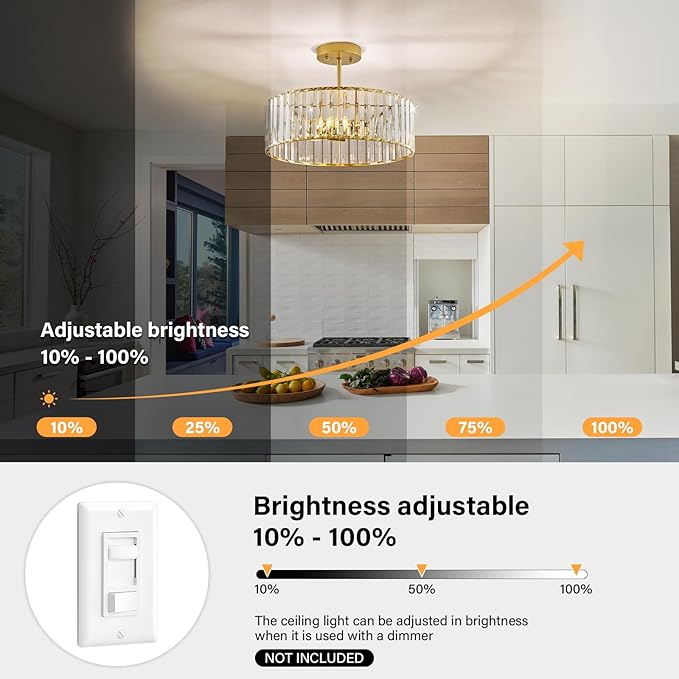 Glod Crystal Ceiling Light Fixture, Modern Semi Flush Chandelier, Round Hanging Lighting Chandeliers for Dining Room, Kitchen, Bedroom, 3-Light, 15.74 Inch