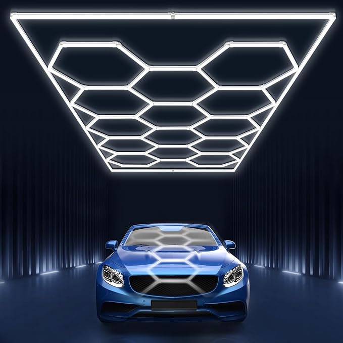 Garage Lights Hexagon led Lights DIY Ceiling LED Shop Light 91630LM for Basement Warehouse Workshop Barbershop Car Care Wash Room Auto Beauty Gym Exhibition Hall 14 Grids with Rectangle Frame 6500K